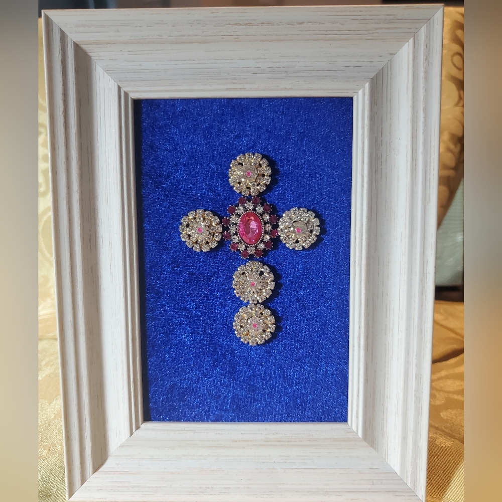 Framed Jeweled Cross with Pink Crystals and Rhinestones